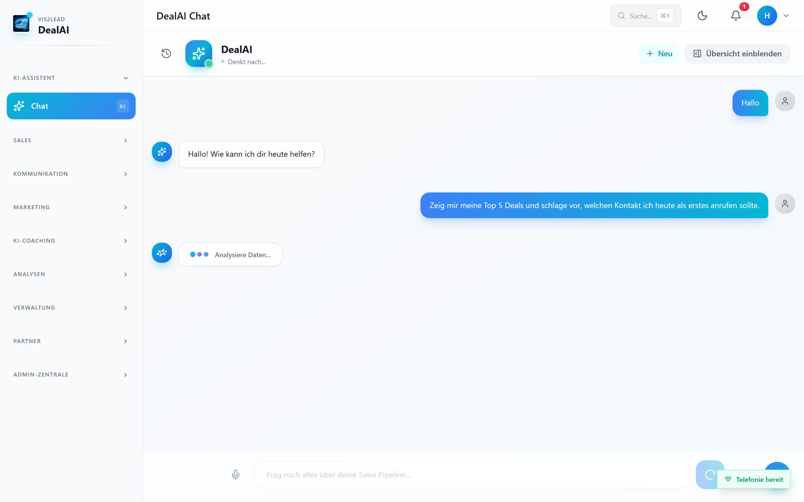DealAI Features: KI-Chat-Assistent, automatische Dateneingabe, Lead-Scoring, Deal-Coaching und E-Mail-Integration